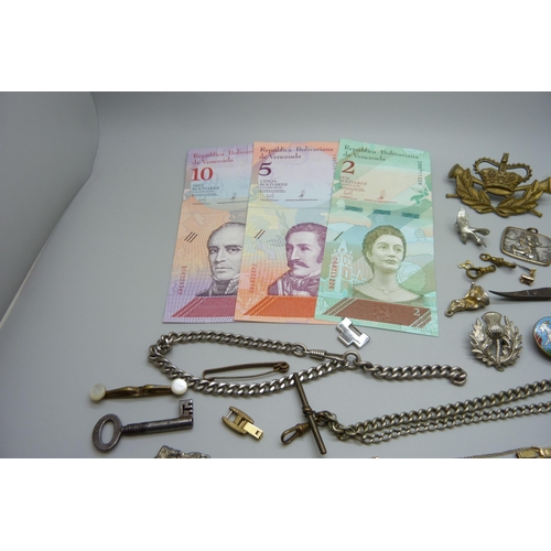 903 - Assorted items including bank notes, military badges, metal Albert chain, etc.