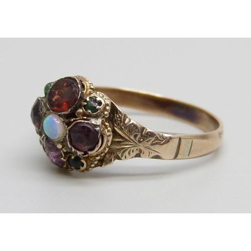 934 - A Victorian 15ct gold garnet, amethyst, opal and green stone cluster ring, 3.4g, Q