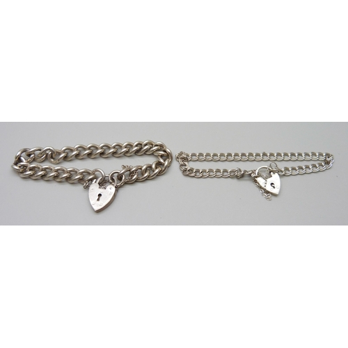 944 - Two silver bracelets with padlock fasteners, 38g