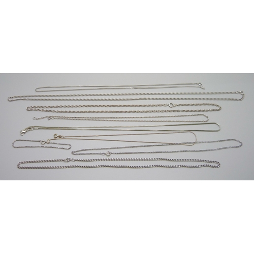 958 - A collection of silver neck chains, (one bracelet), 64g