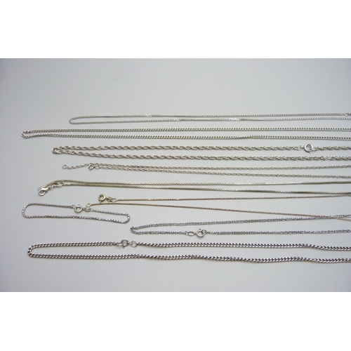 958 - A collection of silver neck chains, (one bracelet), 64g