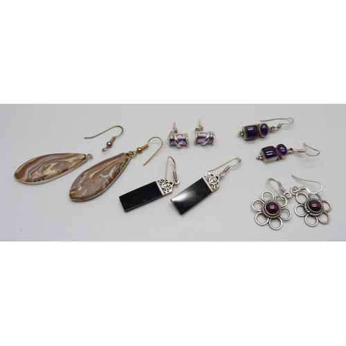 959 - Four pairs of silver earrings and one other larger pair of earrings