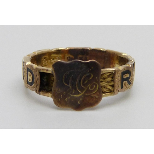 960 - A Victorian 12ct gold and enamelled 'Regard' mourning ring, with hair tribute, Birmingham 1862, 2.1g... 