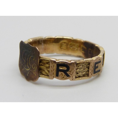 960 - A Victorian 12ct gold and enamelled 'Regard' mourning ring, with hair tribute, Birmingham 1862, 2.1g... 