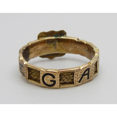 960 - A Victorian 12ct gold and enamelled 'Regard' mourning ring, with hair tribute, Birmingham 1862, 2.1g... 