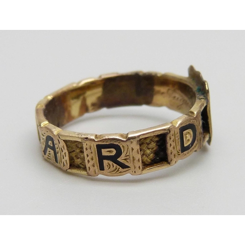 960 - A Victorian 12ct gold and enamelled 'Regard' mourning ring, with hair tribute, Birmingham 1862, 2.1g... 