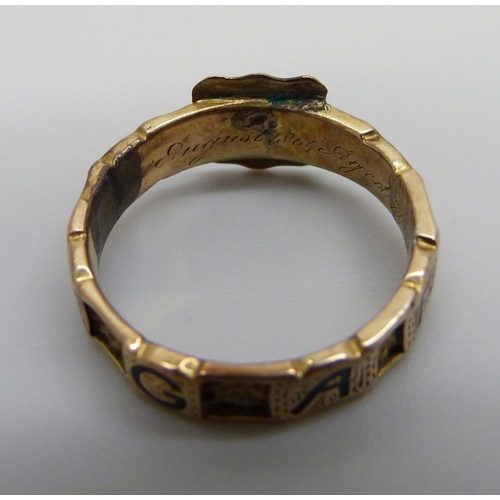 960 - A Victorian 12ct gold and enamelled 'Regard' mourning ring, with hair tribute, Birmingham 1862, 2.1g... 