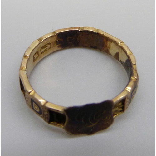 960 - A Victorian 12ct gold and enamelled 'Regard' mourning ring, with hair tribute, Birmingham 1862, 2.1g... 