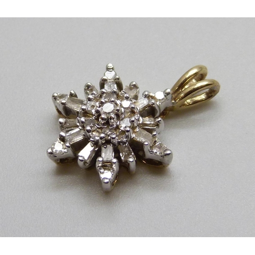 985 - A 9ct gold and diamond 'snowflake' pendant, 1.8g