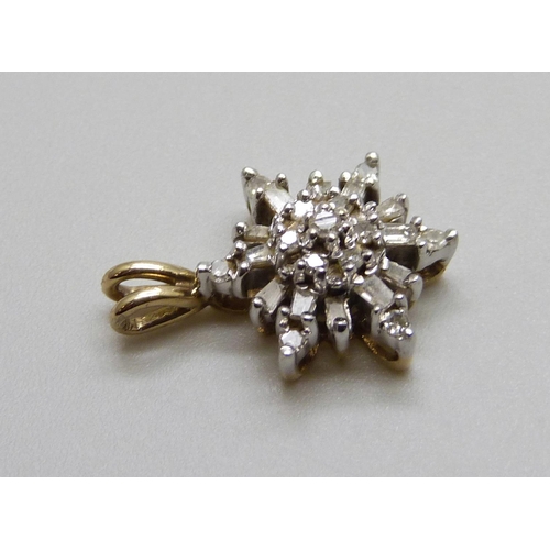 985 - A 9ct gold and diamond 'snowflake' pendant, 1.8g