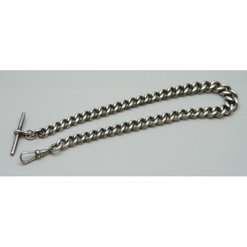 989 - A silver graduated curb link Albert watch chain, each link marked, 74g with metal clip, 35cm