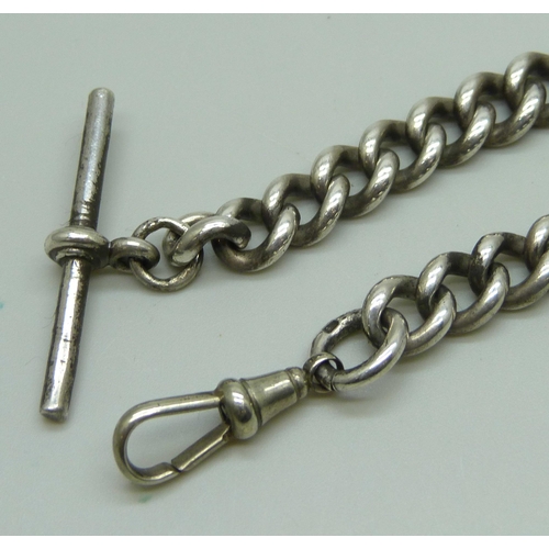 989 - A silver graduated curb link Albert watch chain, each link marked, 74g with metal clip, 35cm