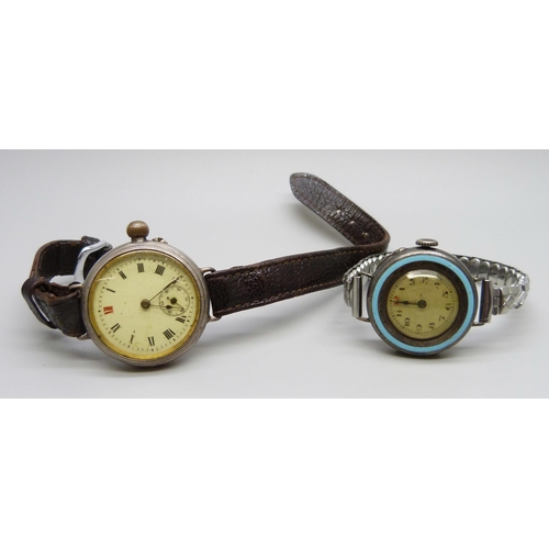 995 - Two lady's wristwatches, one silver and enamelled with London import mark for 1915, the other silver... 