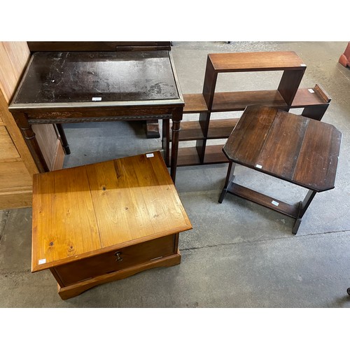 212 - A small mahogany open bookcase, a drop leaf occasional table, a side table and a pine lamp table