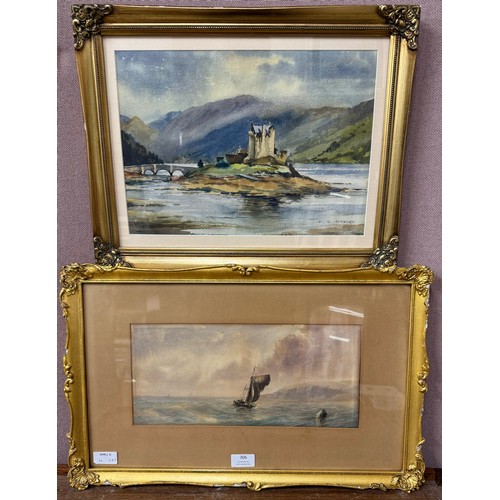 306 - English School, coastal scene, watercolour, indistinctly signed, and L.G. Kersley landscape, waterco... 