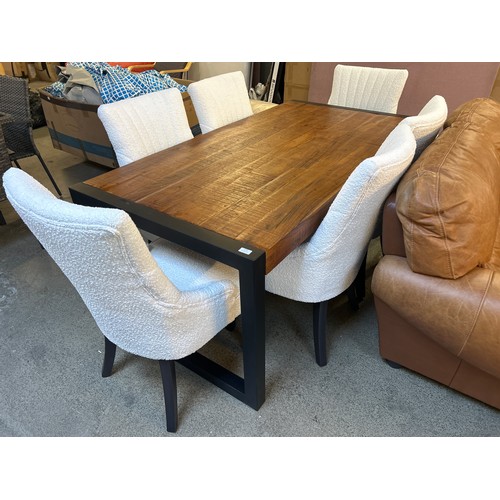 3184 - A hardwood and steel dining table with six white boucle chairs  *This lot is subject to VAT