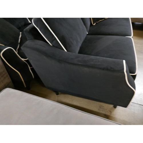 3025 - A black velvet with white piping three seater and two seater sofa