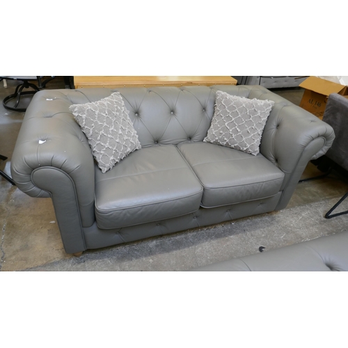 3037 - A grey leather Chesterfield 2.5 seater sofa