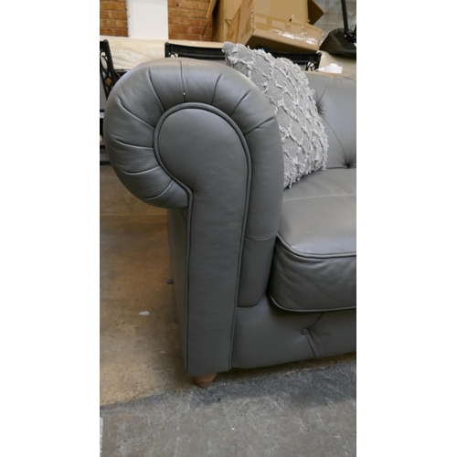 3037 - A grey leather Chesterfield 2.5 seater sofa