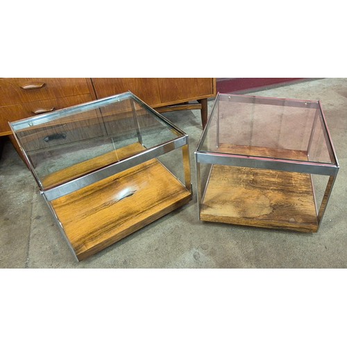 2 - A pair of Merrow Associates rosewood, chrome and glass topped rectangular coffee tables, designed by... 