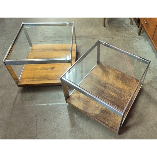 2 - A pair of Merrow Associates rosewood, chrome and glass topped rectangular coffee tables, designed by... 