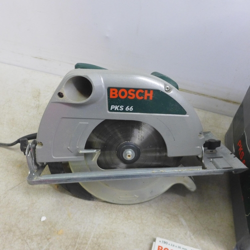 5004 - A Bosch PKS-66, 240V circular saw and a spare Bosch 190 x 2.6 x 30mm Speedline-wood saw blade