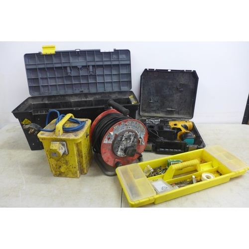 5008 - A quantity of assorted tools and other items including a cordless Dewalt drill with battery and char... 