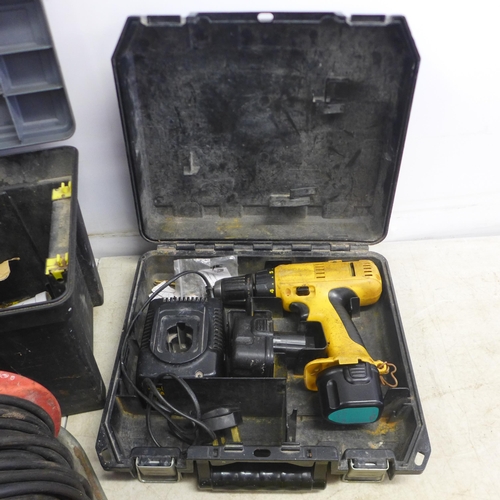 5008 - A quantity of assorted tools and other items including a cordless Dewalt drill with battery and char... 