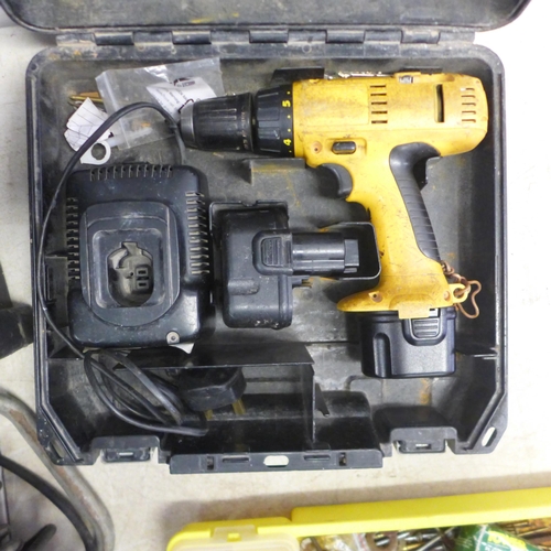 5008 - A quantity of assorted tools and other items including a cordless Dewalt drill with battery and char... 