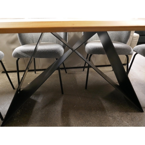 3105 - Hardwood and steel dining table and six grey chairs *This lot is subject to VAT