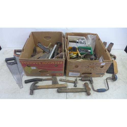 5017 - 2 boxes of assorted hand tools containing mainly wood and metal working tools including saws, hammer... 