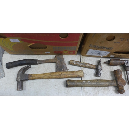 5017 - 2 boxes of assorted hand tools containing mainly wood and metal working tools including saws, hammer... 