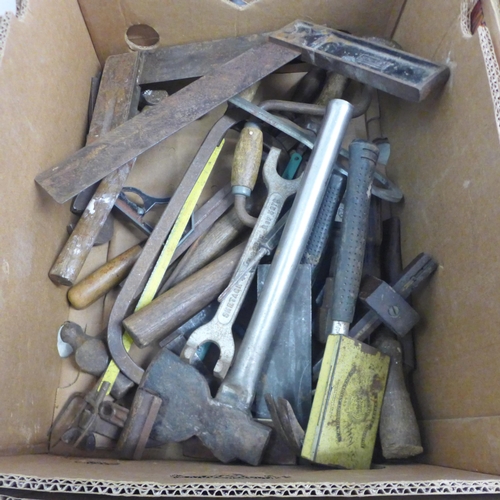 5017 - 2 boxes of assorted hand tools containing mainly wood and metal working tools including saws, hammer... 