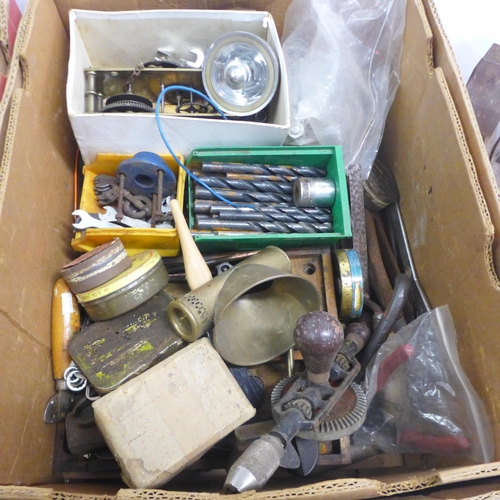 5017 - 2 boxes of assorted hand tools containing mainly wood and metal working tools including saws, hammer... 