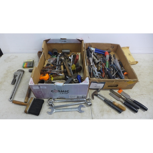 5018 - 2 boxes of assorted hand tools including chisels, hammers, spanners, etc.