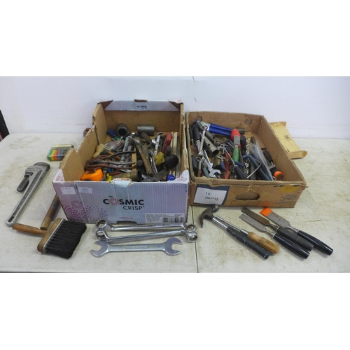 5018 - 2 boxes of assorted hand tools including chisels, hammers, spanners, etc.