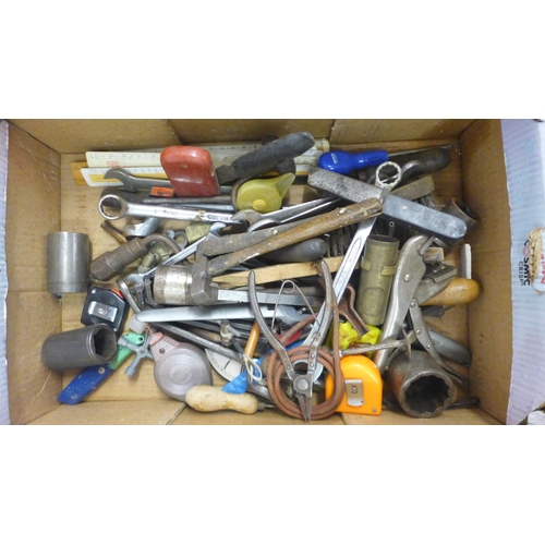 5018 - 2 boxes of assorted hand tools including chisels, hammers, spanners, etc.