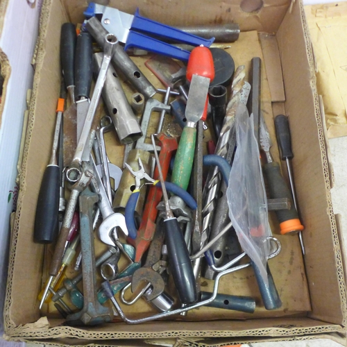 5018 - 2 boxes of assorted hand tools including chisels, hammers, spanners, etc.