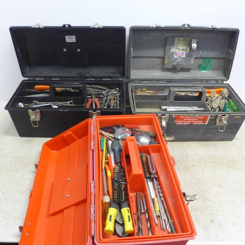 5020 - 3 plastic tool boxes, all sold with a selection of assorted hand tools