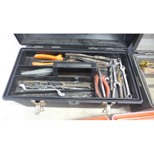 5020 - 3 plastic tool boxes, all sold with a selection of assorted hand tools