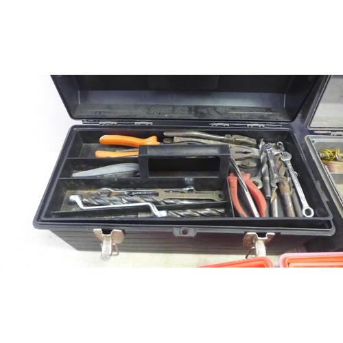 5020 - 3 plastic tool boxes, all sold with a selection of assorted hand tools