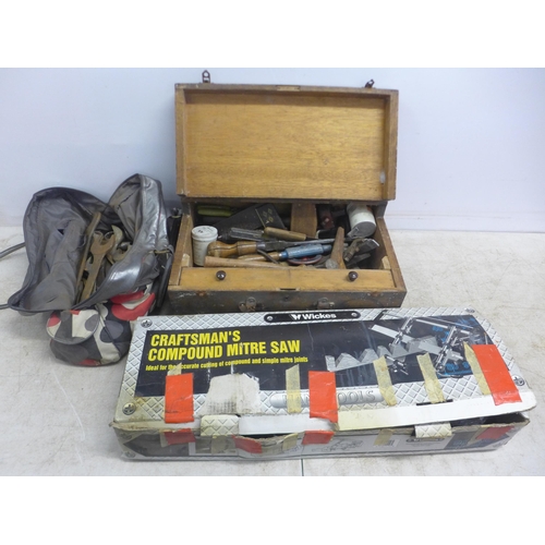 5021 - A bag of large spanners, a Wickes Craftmans compound manual mitre saw in box and a carpenters tool c... 