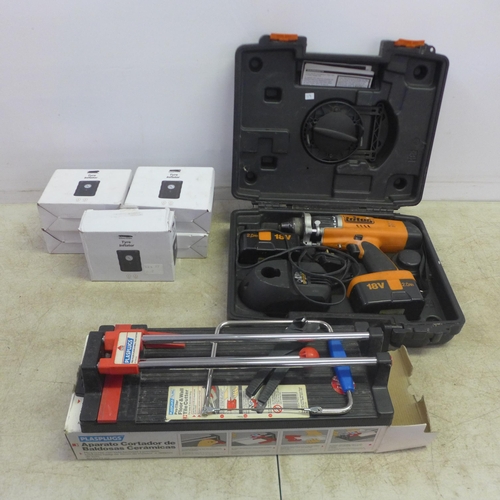 5022 - 5 x 12V tyre inflators, all boxed and a Plasplugs wall and floor heavy duty tile cutter and Triton 1... 