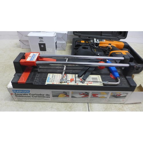 5022 - 5 x 12V tyre inflators, all boxed and a Plasplugs wall and floor heavy duty tile cutter and Triton 1... 