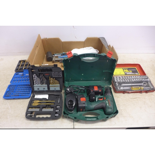 5035 - A box of assorted hand and power tools including a Bosch PSR1440 cordless drill and Bosch bit set, r... 