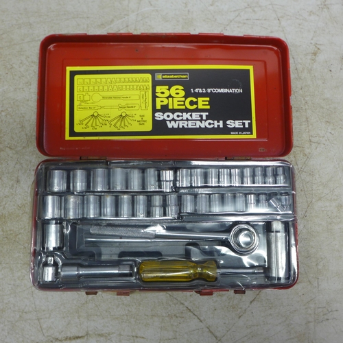 5035 - A box of assorted hand and power tolls including a Bosch PSR1440 cordless drill and Bosch bit set, r... 