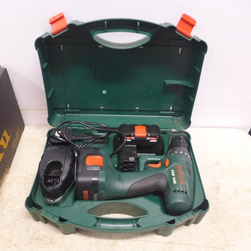 5035 - A box of assorted hand and power tools including a Bosch PSR1440 cordless drill and Bosch bit set, r... 