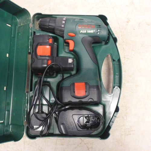 5035 - A box of assorted hand and power tools including a Bosch PSR1440 cordless drill and Bosch bit set, r... 