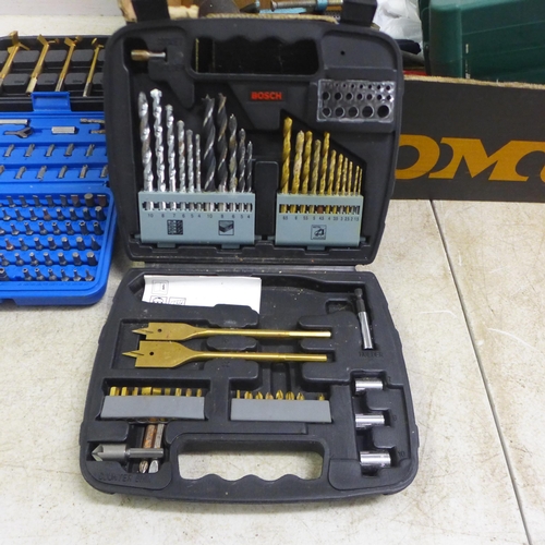 5035 - A box of assorted hand and power tolls including a Bosch PSR1440 cordless drill and Bosch bit set, r... 