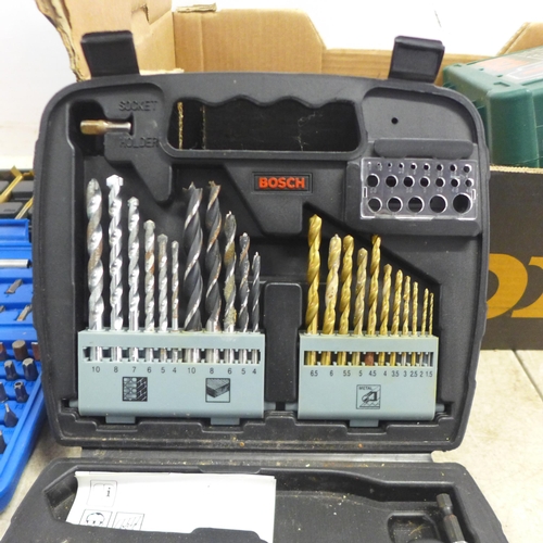 5035 - A box of assorted hand and power tools including a Bosch PSR1440 cordless drill and Bosch bit set, r... 